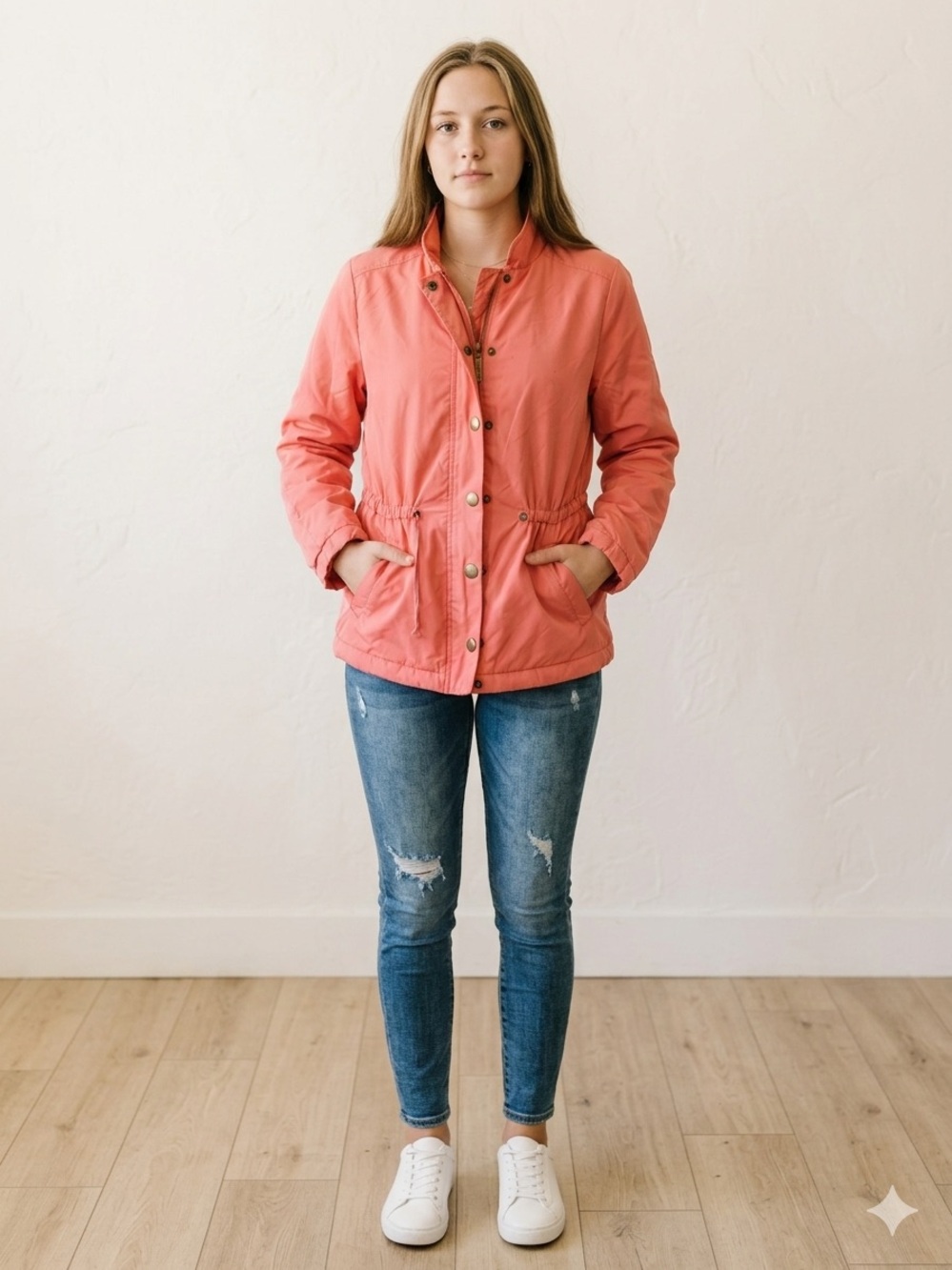 Copper Key Girls Utility Jacket Large Coral Pink Quilted Drawstring Coat